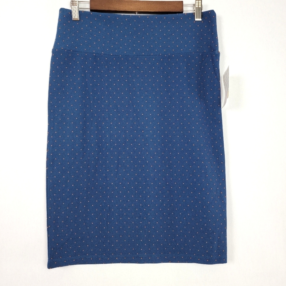 LulaRoe Cassie Pencil Skirt Size M with flattering waistband Blue, Orange Dots